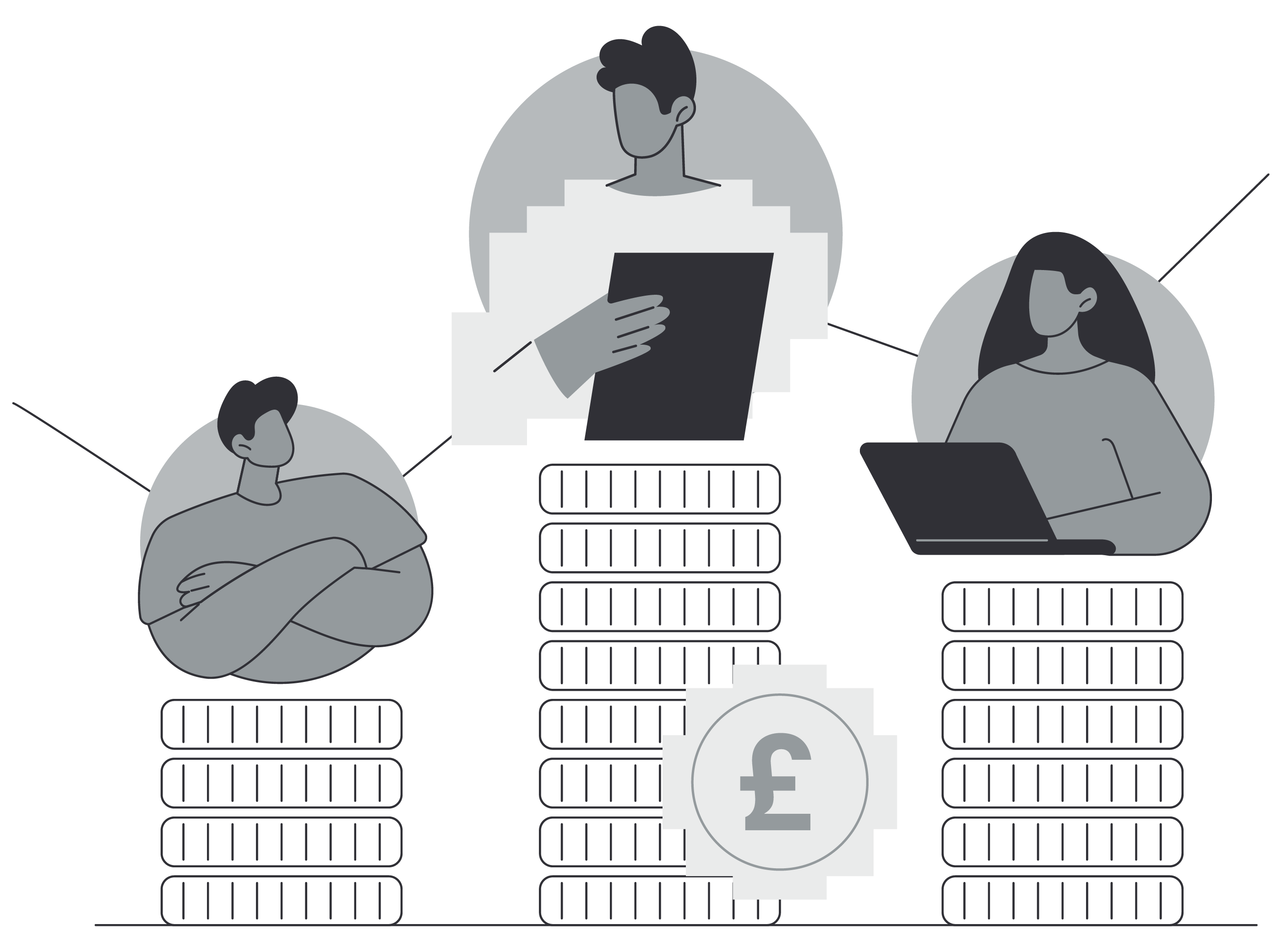 Illustration of three people sitting on stacks of coins, representing financial growth or wealth. One person is holding a document, another is using a laptop, and a third is crossing their arms. A large pound currency symbol (£) appears in the center, symbolizing money or financial success.